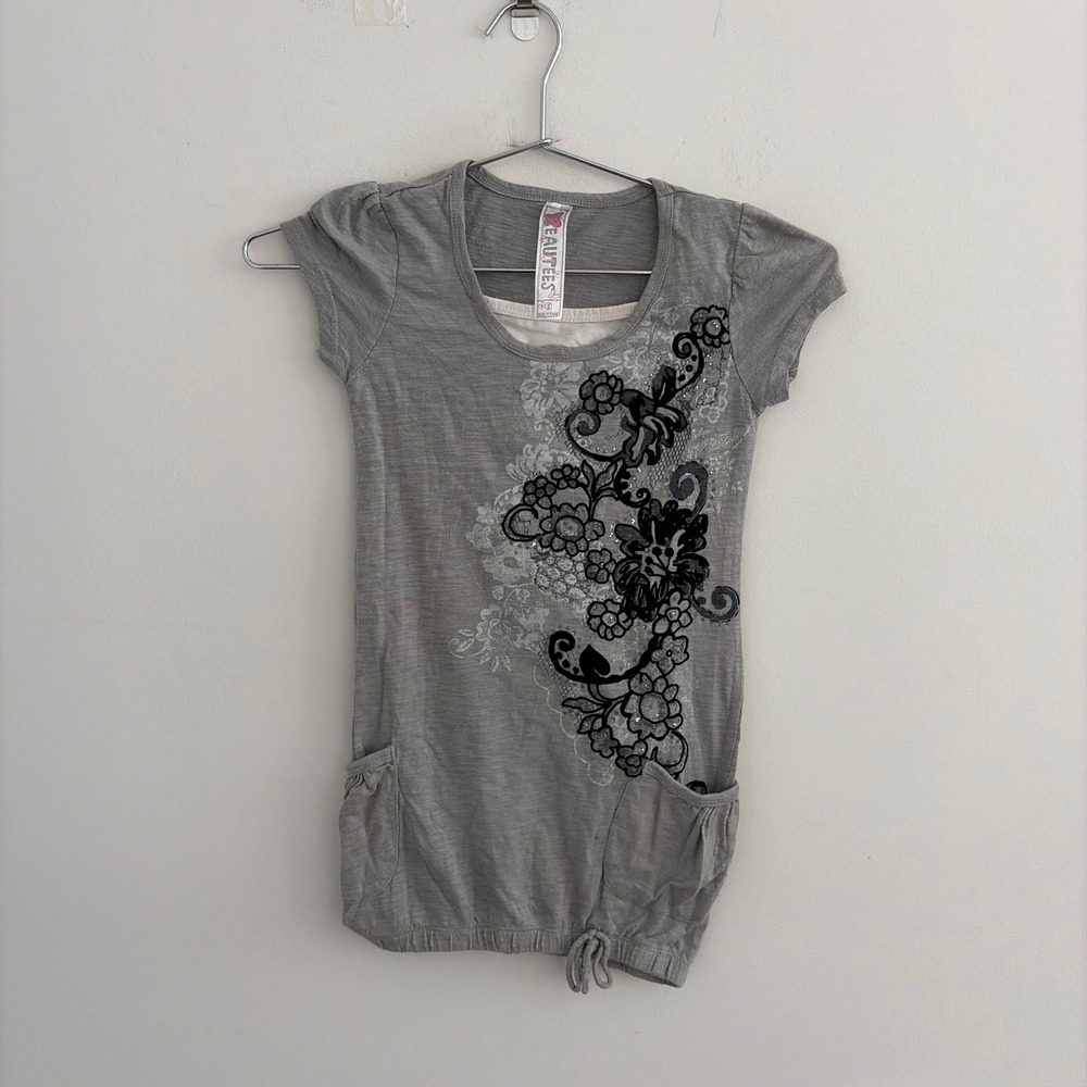 Beautees Girls Gray Floral Graphic Short Sleeve Top With Pockets Size 10/12